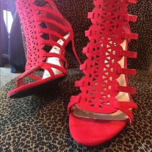 Red Unisa Strappy Cutout suede sandal pumps